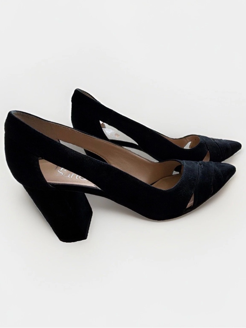 Franco Sarto Black Suede Pointed Toe Cutout Block Heels